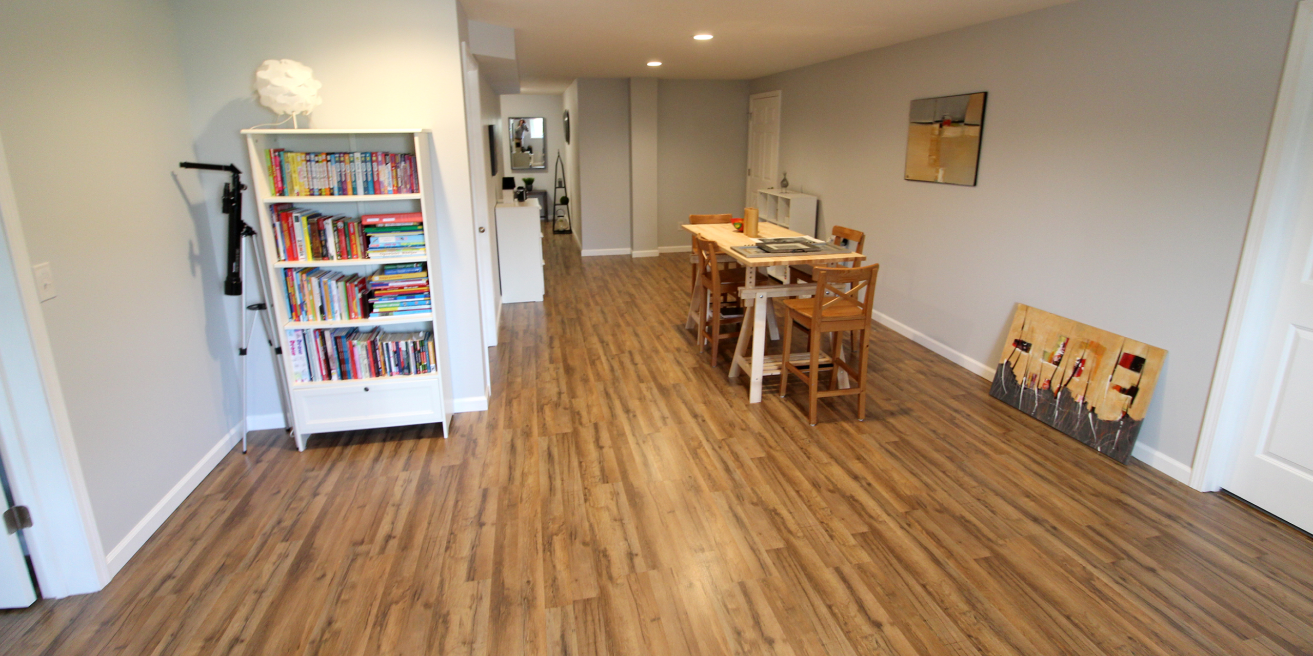 basement remodel with hardwood flooring