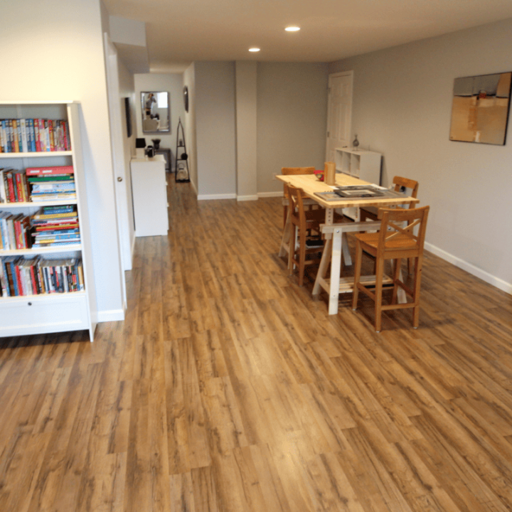 basement remodel with hardwood flooring